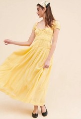 Free People Yellow Solid Square Neck Backless Smocked Puff Sleeve Midi P