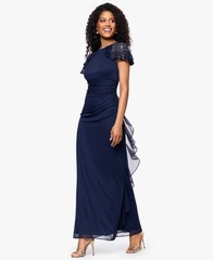 Betsy & Adam Draped Gown Lace Flutter Sleeve Ruched Ruffled Navy Blue Size 12
