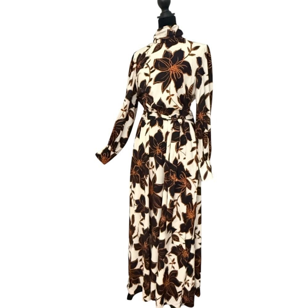 Alexia Admor Mock Neck Modest Belted Maxi Dress Brown Floral Size 6 NEW