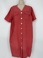 Tess Linen Midi Sheath Dress Vintage Size 12 Red Abelone Button Up Coastal
