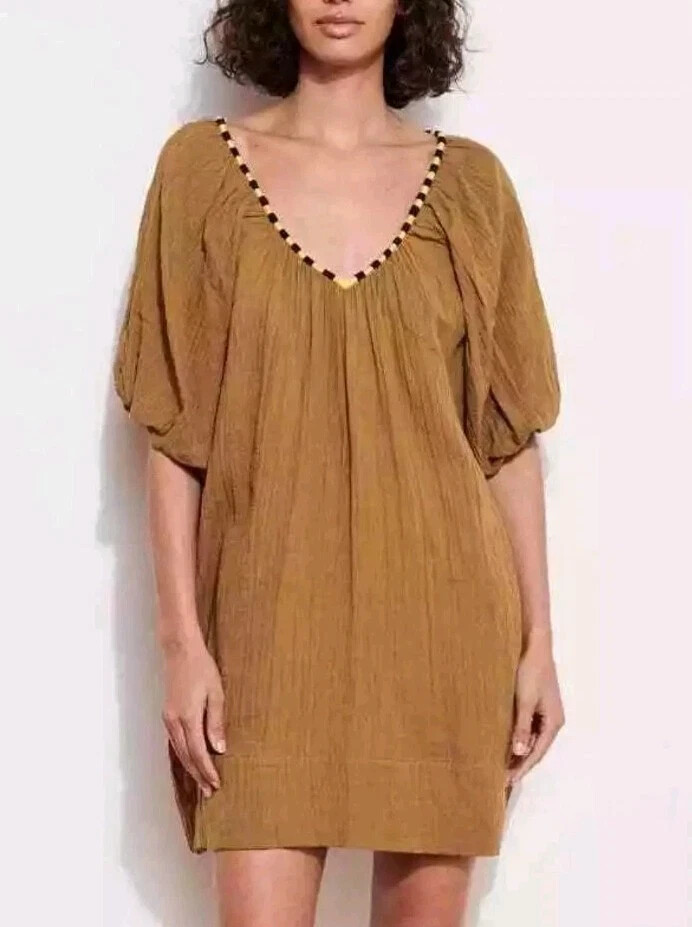 Sundry Embroidered Gauze Dress In Dijon L 3 Women Casual Raglan Sleeve NEW 42278