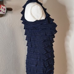 Max Studio Navy Solid Ruffle Layered Bodycon Dress Scoop Neck Knee S