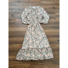 MISA Los Angeles Floral Maxi Dress Pink Grey Smocked Waist Ruffle Tiered XS