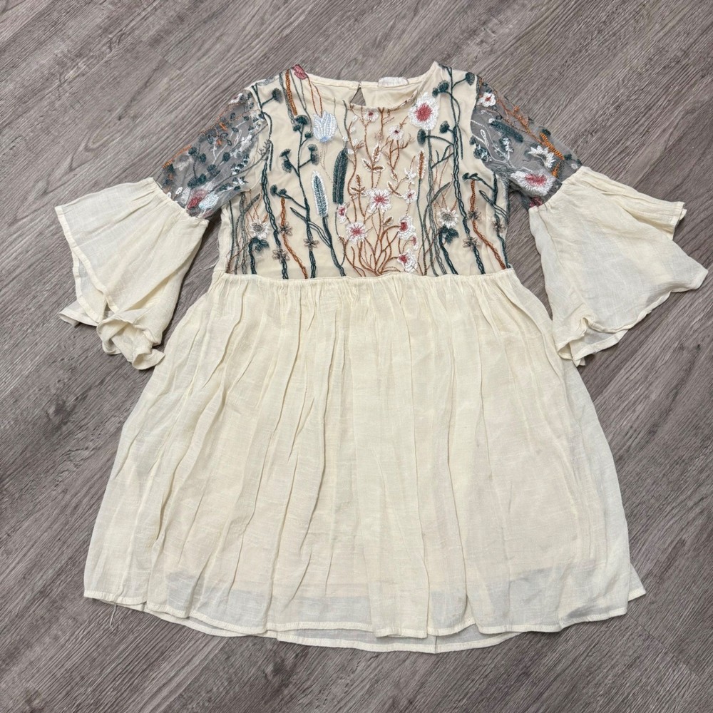 Altar&rsquo;d State Floral Embroidered Mesh Bell Sleeve Mini Dress Cream XS Boho Fairy