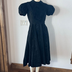 Vintage 1930’s 1940’s Black Puff Sleeve Full Sweep Half Button Dress Size XXS