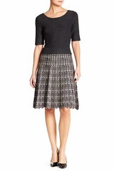 Taylor Charcoal/Cream Mock 2pc Button V-Back Fit & Flare Stretch Sweater Dress
