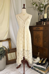 Cupshe Lace Boho Midi Dress Cream Pom Tassel High Low Festival Size L