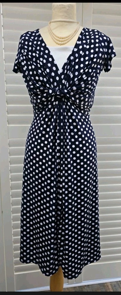Vintage 1940s 1950s Style Stretchy Blue Polka Dot Tea Dress Size 10 Twinwood