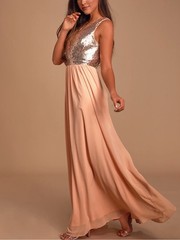 Lulus Elegant Encounter Rose Gold Sequin Maxi Dress Bodice Peach