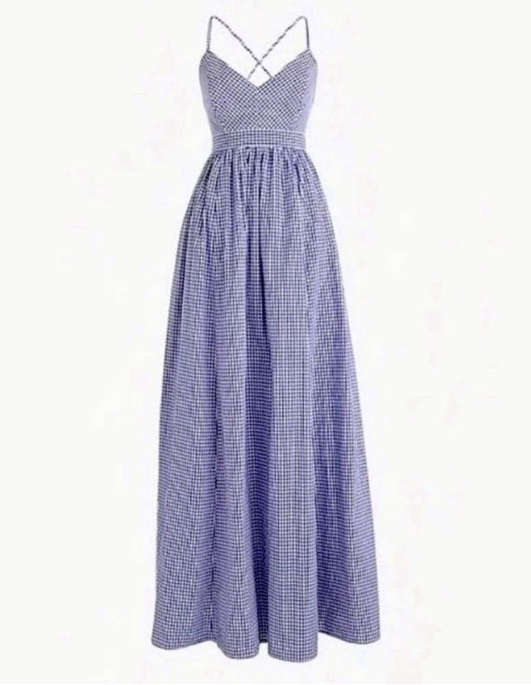 NWT J.Crew Long Spaghetti-Strap Maxi in White Blue Gingham Cotton Dress 4