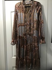 Blu Pepper BOHO Brown /Blue Gold Thread Long Sleeve Tierd Maxi Dress- Size L