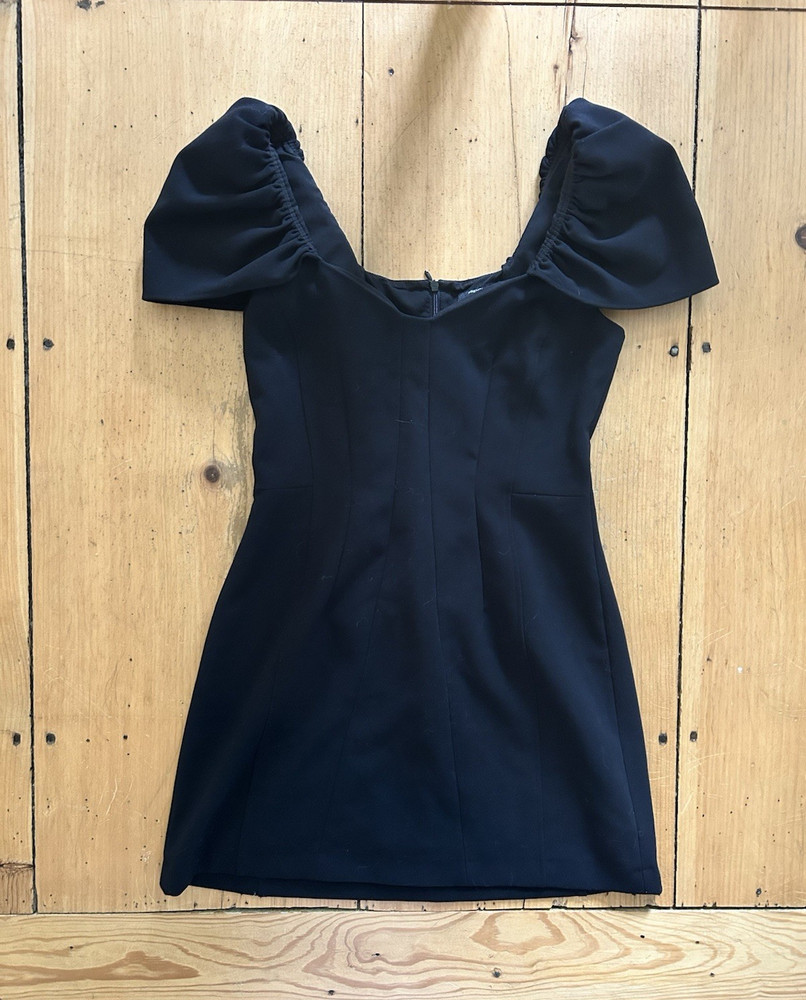 French Connection Black Solid Mini Dress Size 6 V-Neck Puff Sleeve Short Zip