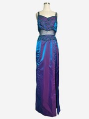 Vintage Y2K Partytime Iridescent blue purple beaded sheer mesh panel gown M/L