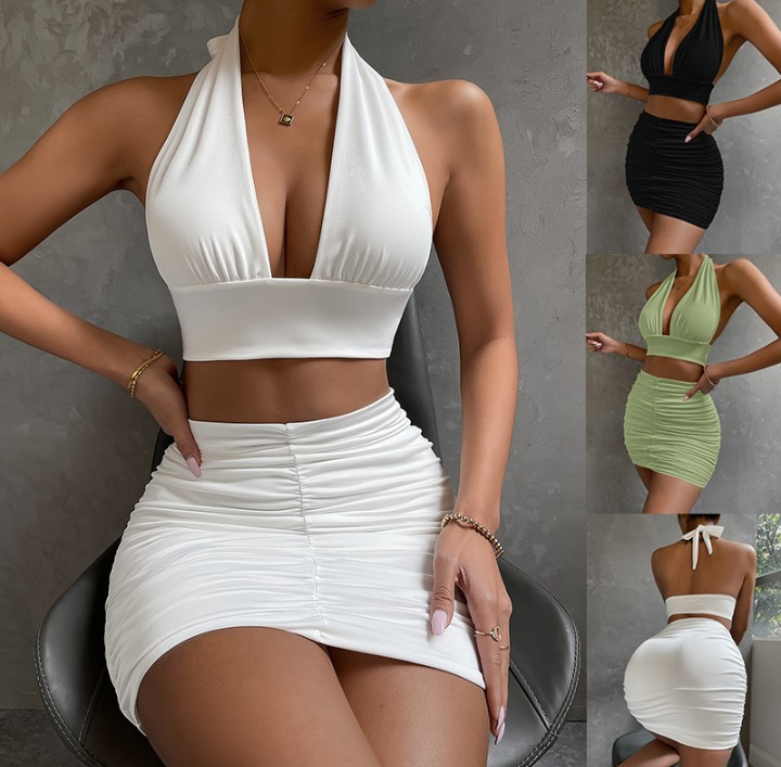 Women 2PCS Halter Lace-Up Dress Set Sleeveless Crop Top & Pleated Mini Skirt Out