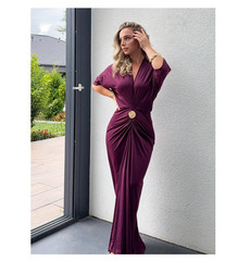 Jeta Ari Women&rsquo;s Solid Color Overlap V-Neck Batwing Sleeve Elegant Dress 1XL