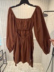 L*SPACE Brown Solid Square Neck Cutout Puff Sleeve Tie Back Mini Dress SM