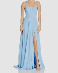 $345 Faviana Couture Women Blue High Slit Chiffon Lace-Up Back Gown Dress Size 8