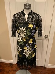 Erdem Black Kendi Cady Floral Print Sheath Dress w/ Lace Trims, Size 12