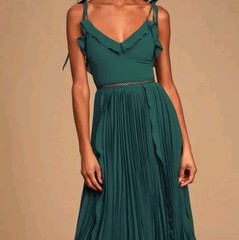 Lulus Green Solid Chiffon Pleated Ruffle V-Neck Tie-Strap Midi Dress XS