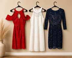 Women’s Lot of 3 Floral Lace Dressy Dresses: Red, White, Navy