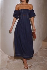 Billy J Claira Midi Dress Navy Blue Women’s Size 6 Puff Sleeve Square Neck