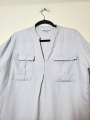 PURE NAVY 100% Linen Womens Small Shirt Dress Pockets Button Down Gray Shift