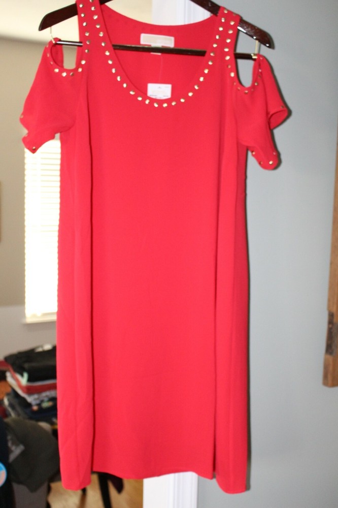 NWT Michael Kors True Red Cold Shoulder Dress Size M Textured Crepe – US SELLER