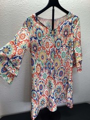 Boho Mini Dress With Colorful Mandala Pattern And Bell Sleeves Hippie Size Small