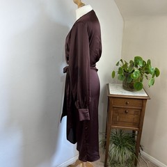 Never Fully Dressed Chocolate Coco Wrap Dress Size 10 Satin Minimalist Elegant
