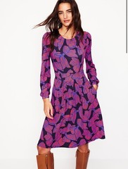 NEW Boden Blue Alexandra Bow Blouson Jersey Dress Size 8 Long Pockets Long Slv