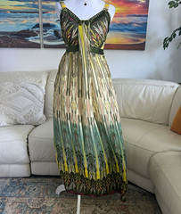 Casseei dress green yellow abstract chiffon maxi v-neck sleeveless size M