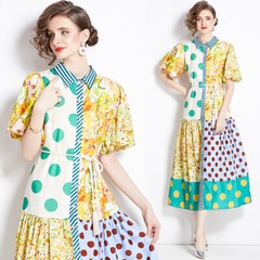 Linen Vintage Floral Print Collar Tie Bow LoopS Women Casual Party Shirt Dresses