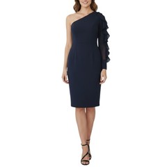 Carmen Marc Valvo Sheath Dress Size 10 Blue One Shoulder Ruffle Mesh Cocktail