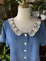 Sz M Denim Jean Maxi Dress Macrame Doilie Button Collared 100% Cotton Cottage