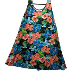 Jostar Tropical Hibiscus Floral Slinky Knit Tank Dress Black Large USA Made