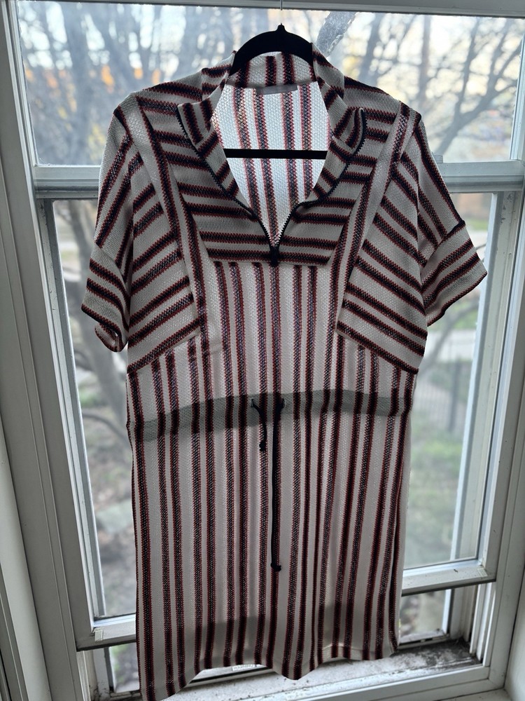 Zara W&B Collection Striped Open Knit Semi Sheer Dress Drawstring Waist Size M