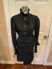 Goen.J Black Asymmetrical Button-Up Ruffle Shirt Dress W/ Tie, Size 6