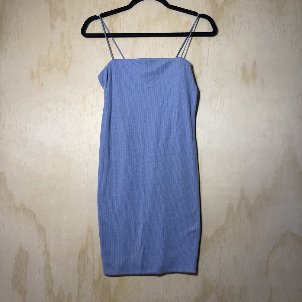 Active Basic Ribbed Bodycon Dress Women Medium Blue Spaghetti Strap Stretch Midi
