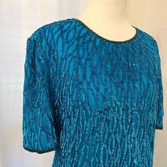 Vintage Laurence Kazar Sequin Sheath Dress L Silk Blue Beaded Party Costume 80s