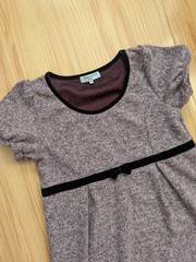 Burgundy Red Melange Tweed Soft Puff Sleeve Velvet Bow Empire Waist Short Dress