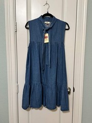 NWT Entro Sleeveless Lace-Up Bow Loose 100% cotton Denim Dress Large