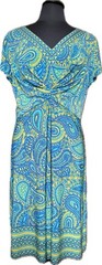 North Style Turquoise Blue Green Paisley Ruched Waist V-Neck Short Sleeve Dress