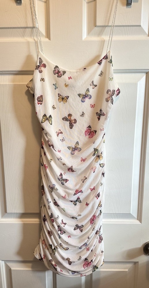 Y2K White Butterfly Ruched Strappy Bodycon Dress L Fairy Gardencore Festival