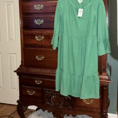 J.Jill Green Linen V-Neck Shift Dress Tiered Ruffle 3/4 Sleeve Knee MP