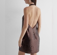 Express Sequin Halter Neck Open Back Midi Sheath Dress NWT Medium Bronze Brown