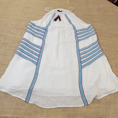 THML Anthropologie Sundress Boho Festival White Blue Striped Tassels Size Large