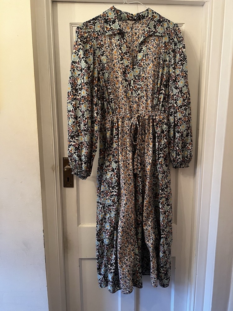 Jigsaw Multicoloured Floral Contrast Cotton Midi Shirt Dress, UK 12