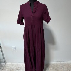 Brass & Roe Plum Gauze Maxi Dress Split Neck Button Long Short Sleeve XS