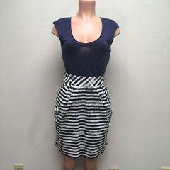 Little Yellow Button Blue Stripe Cap Sleeve Scoop Pleated Tie A-Line Dress XS