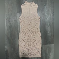 Bebe Beige Solid Mock Neck Rhinestone Sleeveless Bodycon Mini Dress XS